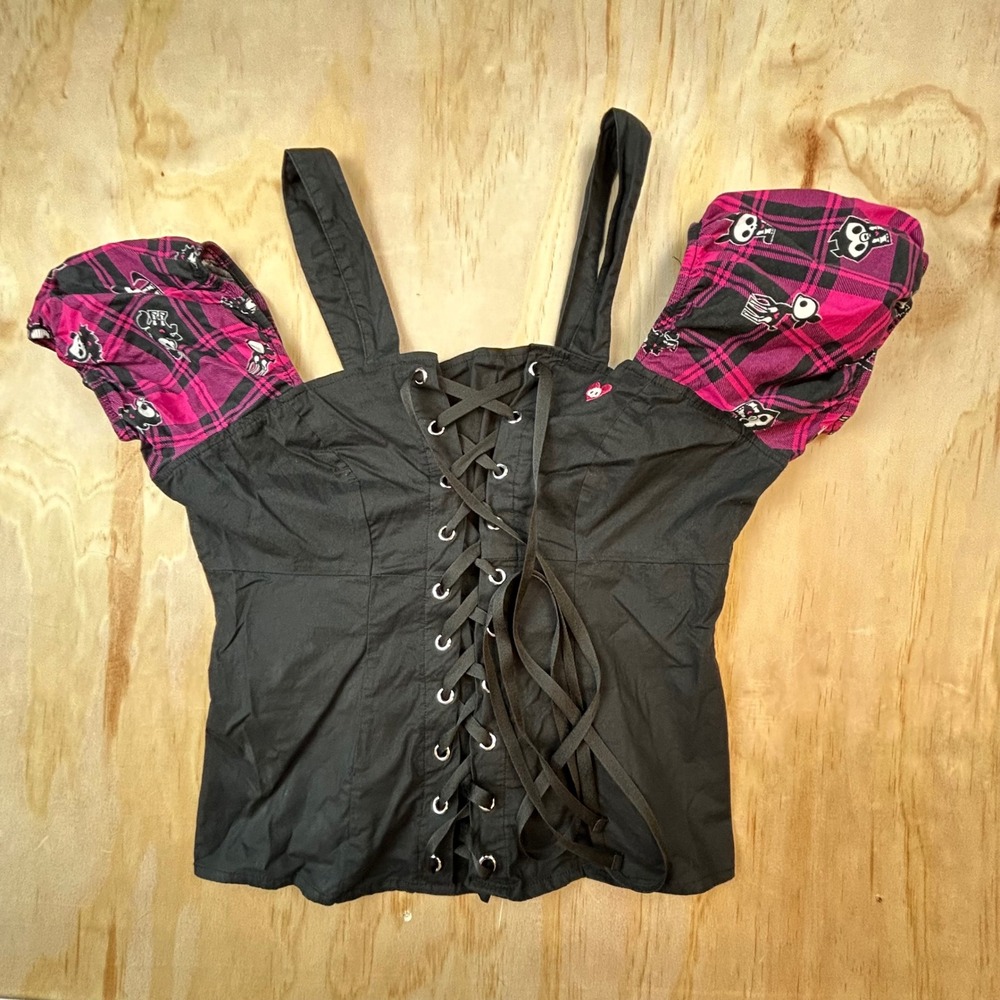 Skelanimals Womens Black Pink Plaid Lace Up Corset Top Puff Sleeve Emo Goth M
